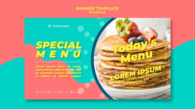 Delicious breakfast with pancakes banner template