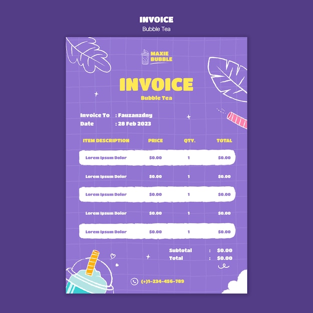 Free PSD delicious bubble tea invoice template