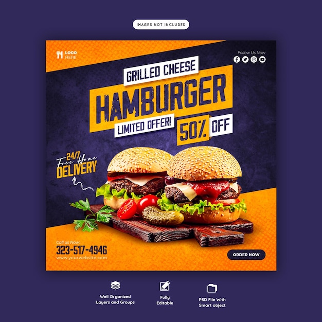 Бесплатный PSD Шаблон баннера социальных медиа вкусный гамбургер и меню еды