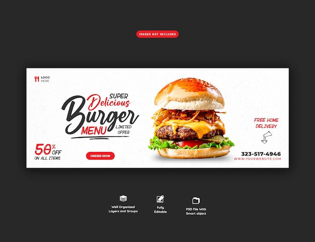 無料PSD おいしいハンバーガーとフードメニューのソーシャルメディアカバーテンプレート