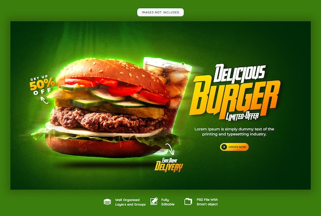 Бесплатный PSD Вкусный гамбургер и еда меню веб-баннер шаблон