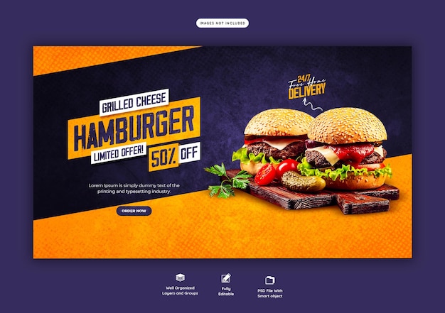 無料PSD おいしいハンバーガーとフードメニューのwebバナーテンプレート