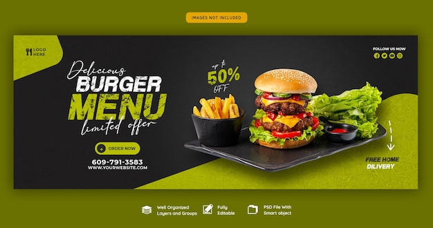 PSD gratuito modello di copertina facebook menu delizioso hamburger e cibo