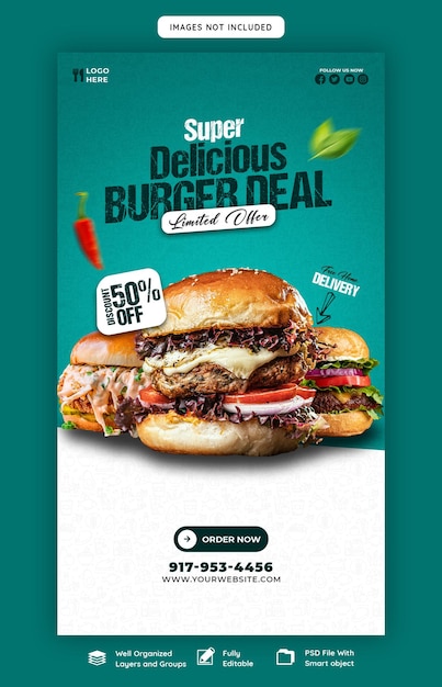 PSD gratuito hamburger delizioso e menu di cibo instagram e modello di storia di facebook