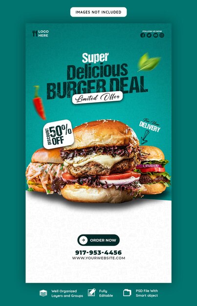 맛있는 햄버거와 음식 메뉴 Instagram 및 facebook 스토리 템플릿