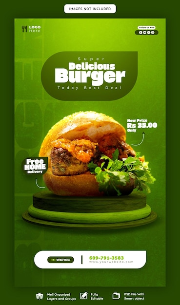 Free PSD delicious burger and food menu instagram and facebook story template