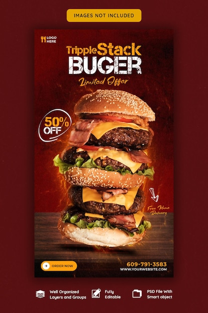 Delicious burger and food menu PSD template for Instagram and Facebook stories – Free PSD download
