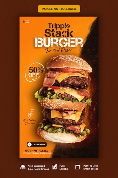 PSD gratuito hamburger delizioso e menu di cibo instagram e modello di storia di facebook