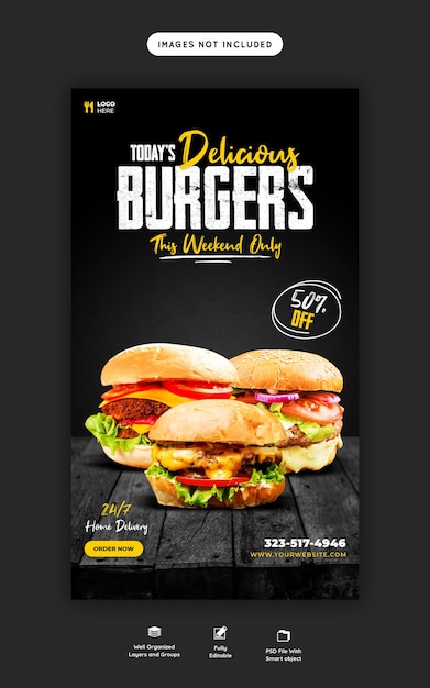 맛있는 햄버거 및 음식 메뉴 Instagram 및 Facebook 스토리 템플릿