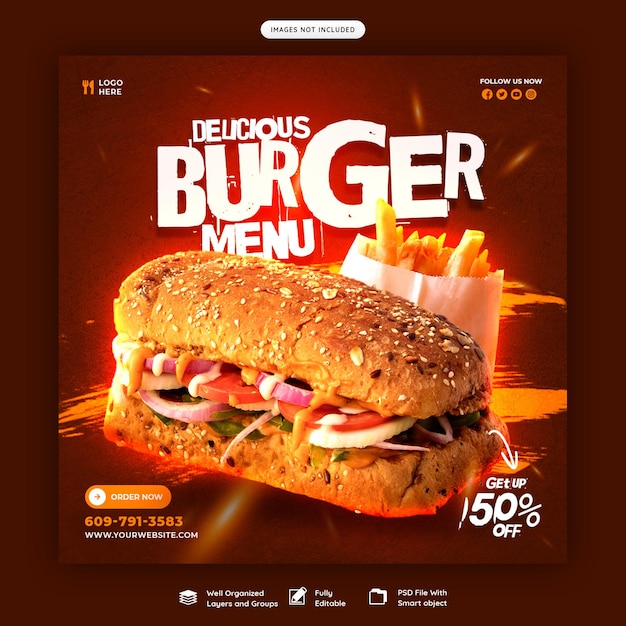 Delizioso menu di hamburger e cibo banner sui social media o modello di post di instagram