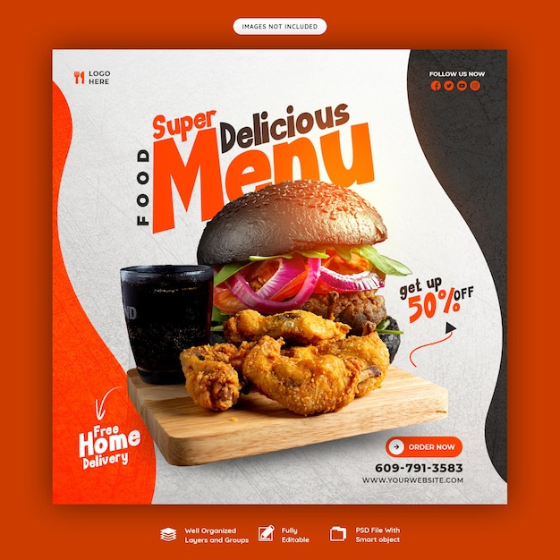 Delizioso menu di hamburger e cibo banner sui social media o modello di post di instagram