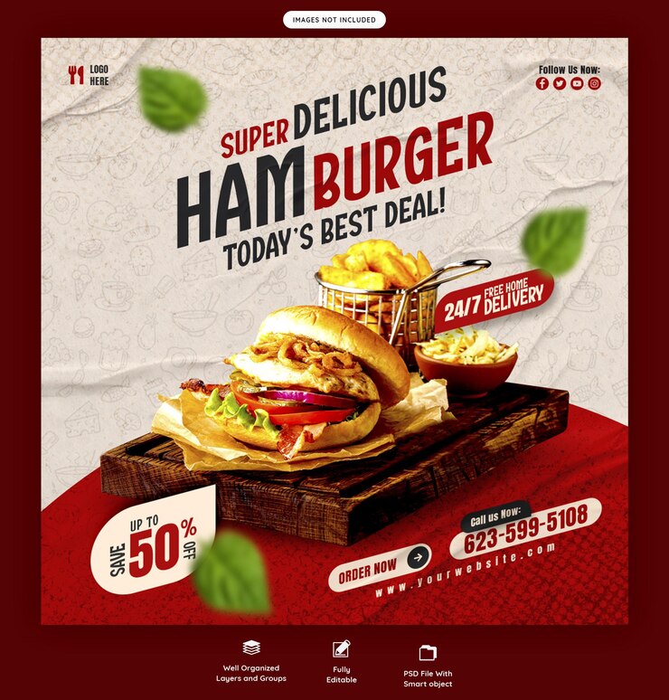 Free PSD delicious burger and food menu social media banner or instagram post template