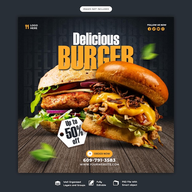 Delicious burger and food menu social media banner template