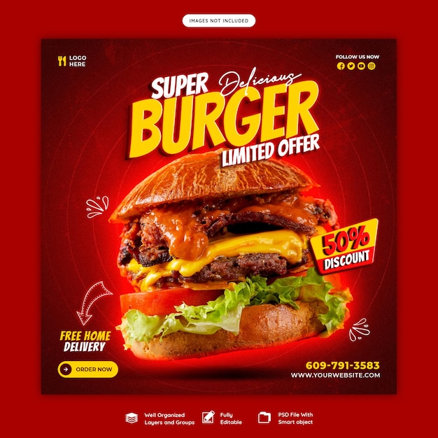 Free PSD delicious burger and food menu social media banner template