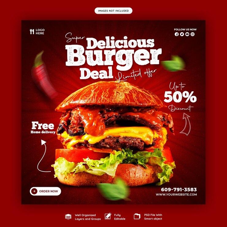Free PSD delicious burger and food menu social media banner template
