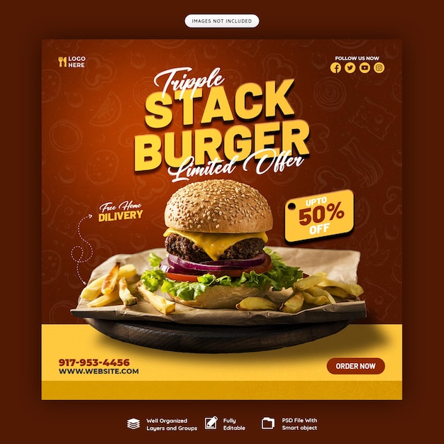 Delicious burger and food menu social media banner template