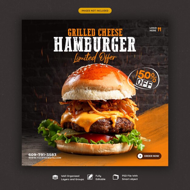 Delicious burger and food menu social media banner template