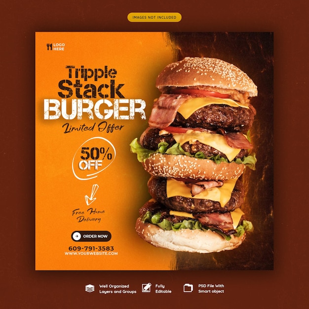 Delicious burger and food menu social media banner template