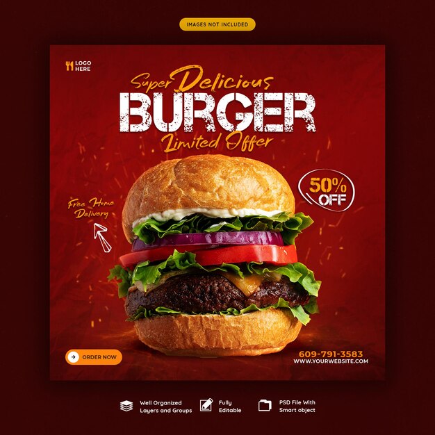 Delicious burger and food menu social media banner template