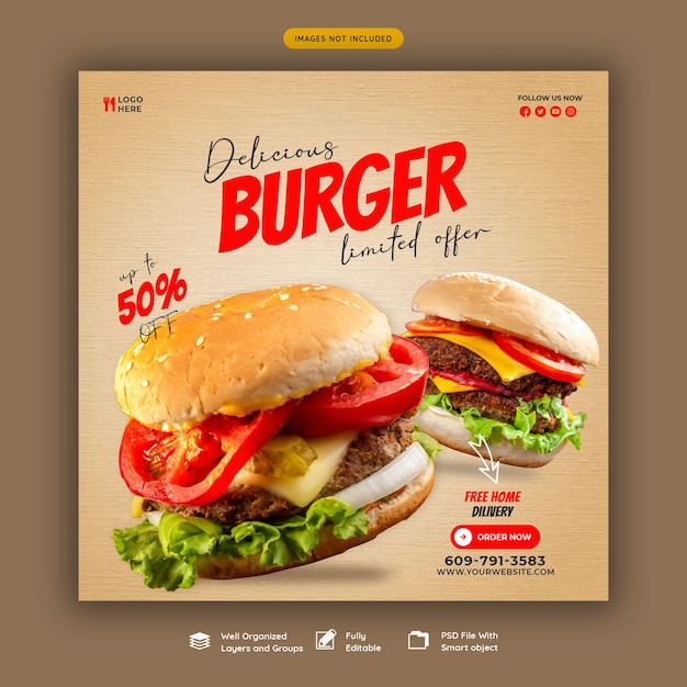 Delicious burger and food menu social media banner template