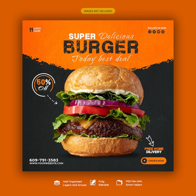 Delicious burger and food menu social media banner template