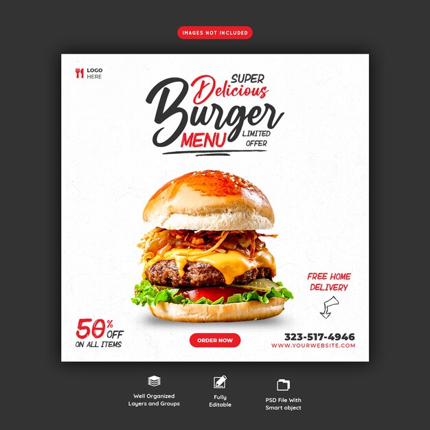 Delicious burger and food menu social media banner template