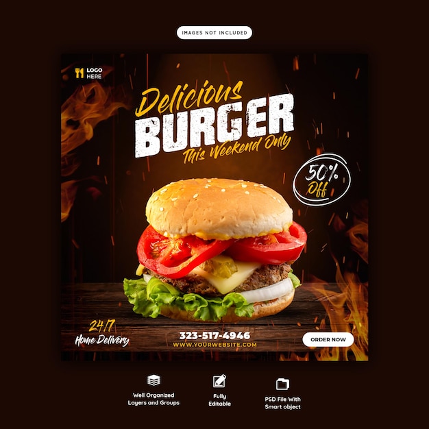 Delizioso modello di banner per social media con menu di hamburger e cibo