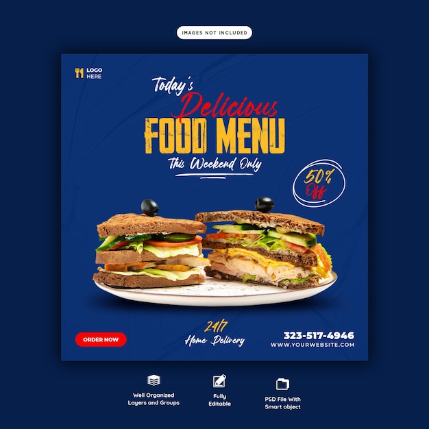 Вкусный бургер и меню еды шаблон баннера в социальных сетях
