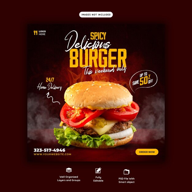 Delicious burger and food menu social media banner template