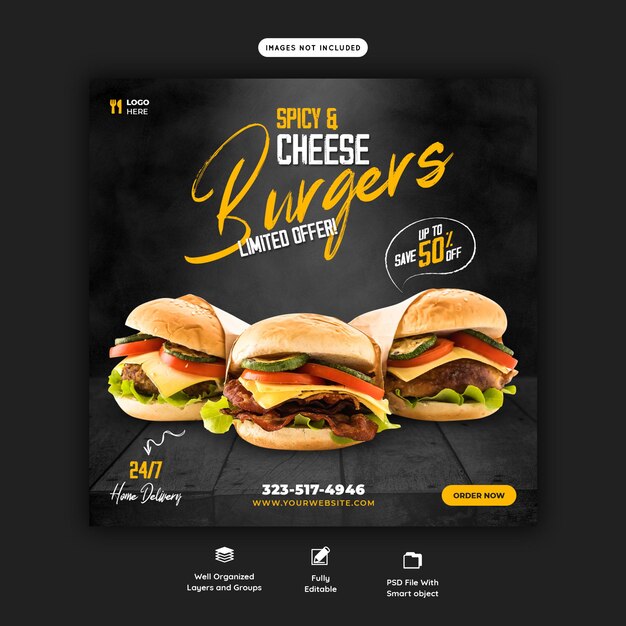 맛있는 버거와 음식 메뉴 소셜 미디어 배너 템플릿