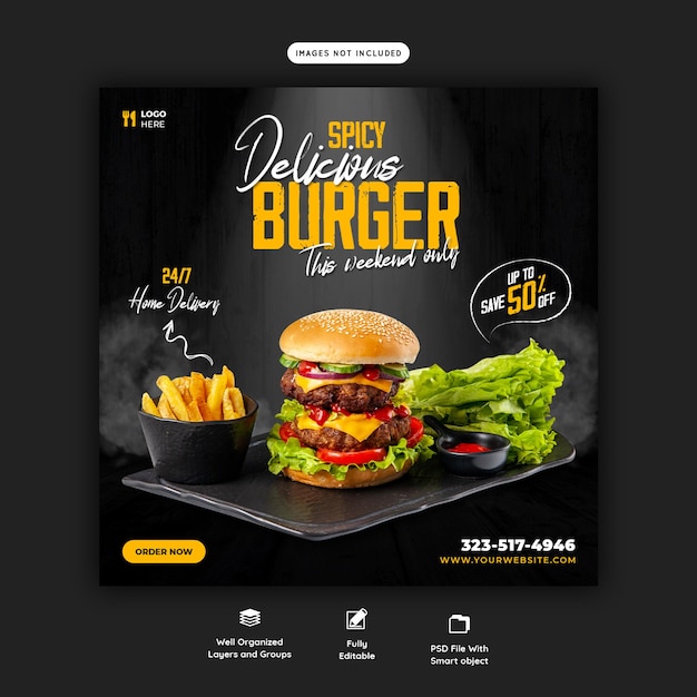 PSD gratuito delizioso modello di banner per social media con menu di hamburger e cibo