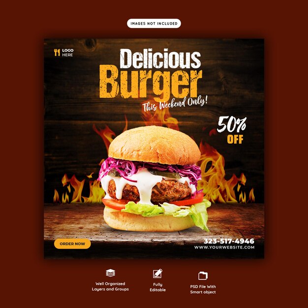 おいしいハンバーガーとフードメニューのソーシャルメディア投稿テンプレート