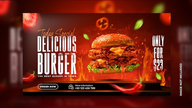Delicious burger and food menu web banner restaurant social media banner template free psd