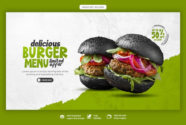 PSD gratuito modello delizioso dell'insegna di web del menu dell'alimento e dell'hamburger