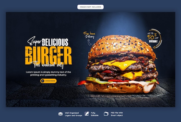 PSD gratuito modello delizioso dell'insegna di web del menu dell'alimento e dell'hamburger
