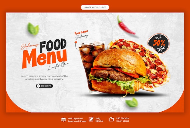 Free PSD delicious burger and food menu web banner template