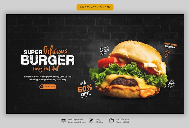 PSD gratuito modello delizioso dell'insegna di web del menu dell'alimento e dell'hamburger