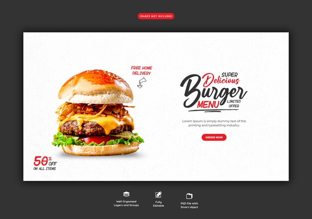 맛있는 햄버거와 음식 메뉴 웹 배너 서식 파일