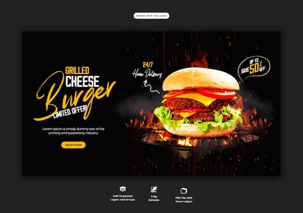 맛있는 햄버거와 음식 메뉴 웹 배너 템플릿