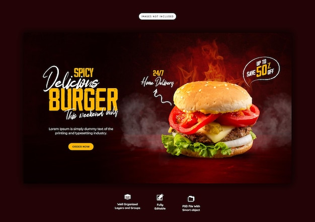 Modello di banner web delizioso menu di cibo e hamburger