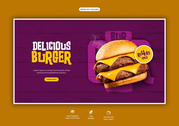 PSD gratuito modello delizioso dell'insegna di web del menu dell'alimento e dell'hamburger