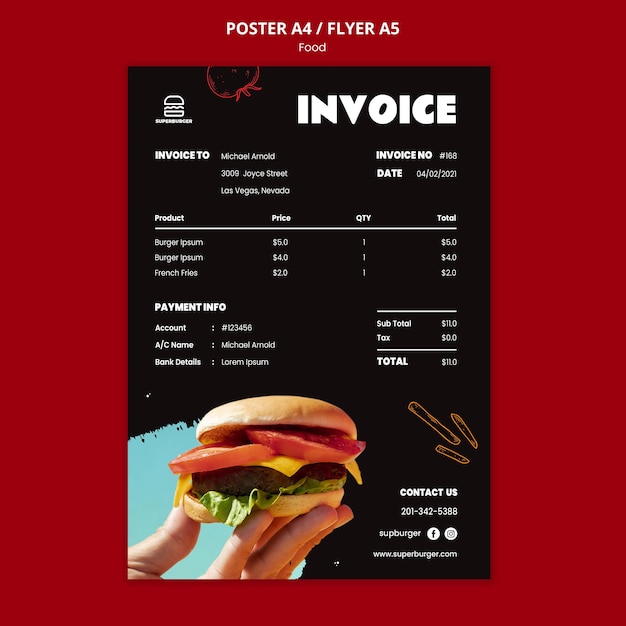 PSD gratuito modello di poster di fattura deliziosa hamburger