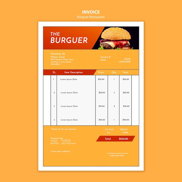 Free PSD delicious burger restaurant invoice