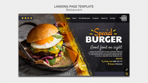 Бесплатный PSD Шаблон целевой страницы вкусного ресторана гамбургеров