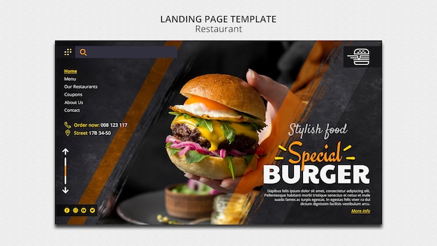 無料PSD おいしいハンバーガーレストランのランディングページ