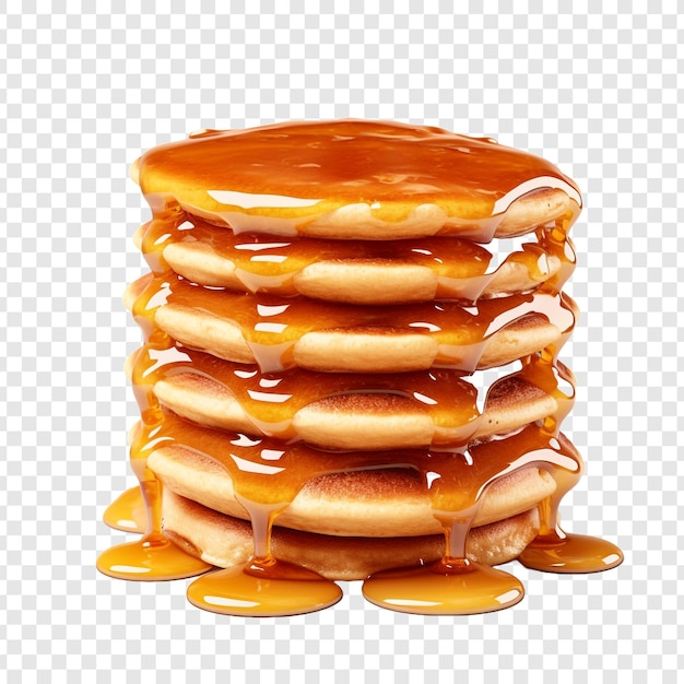 Delicious caramel glazed pancakes stack isolated on transparent background