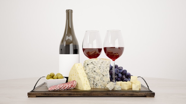 Delicious cheese assortment with red wine mockup