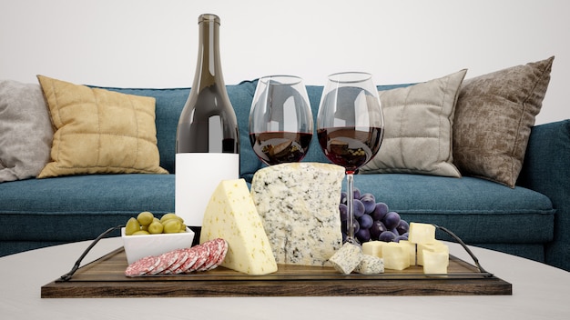 Delicious cheese assortment with red wine mockup