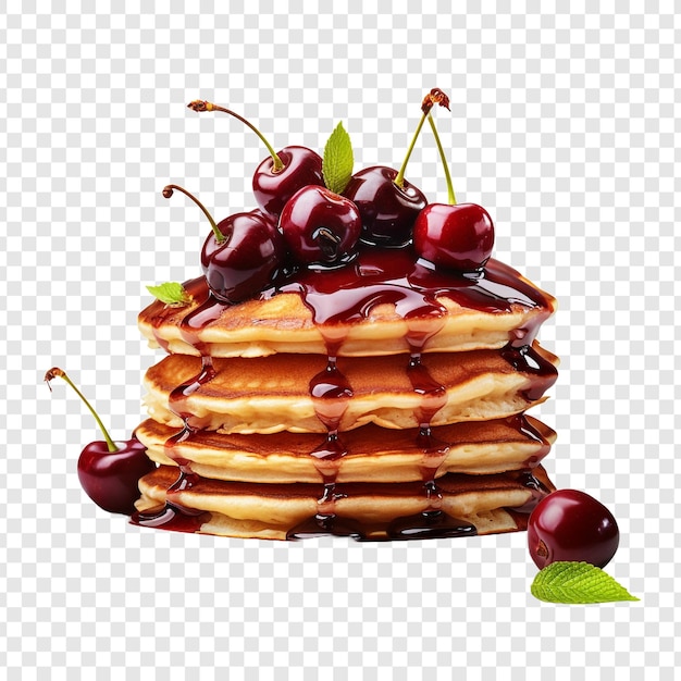 Delicious cherries pancakes stack isolated on transparent background