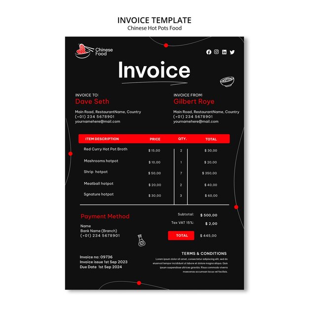 delicious chinese food invoice template